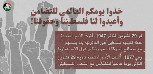 ﺧﺬوا  ﻳﻮﻣﻜﻢ  اﻟﻌﺎﻟﻤﻲ  ﻟﻠﺘﻀﺎﻣﻦ وأﻋﻴﺪوا  ﻟﻨﺎ  ﻓﻠﺴﺴﻄﻴﻨﻨﺎ  وﺣﻘﻮﻗﻨﺎ!