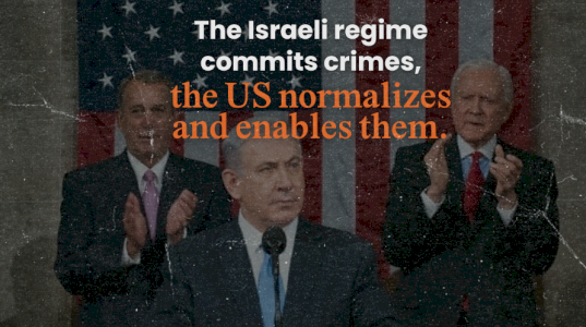 How does the US normalize Israeli crimes?